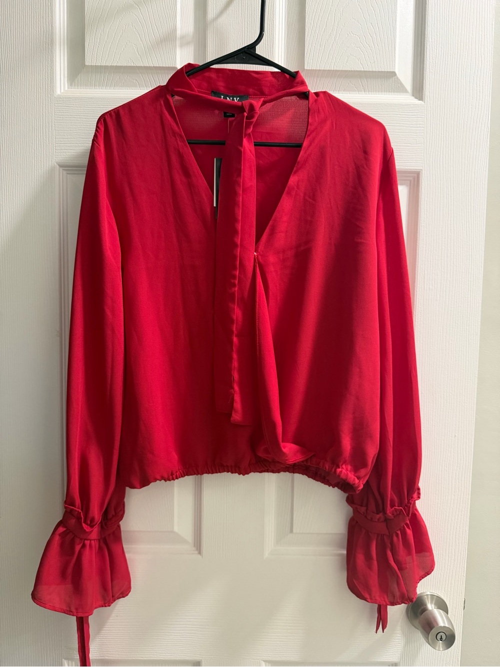 NY Collection Red Tie-Neck Long-Sleeve Blouse
